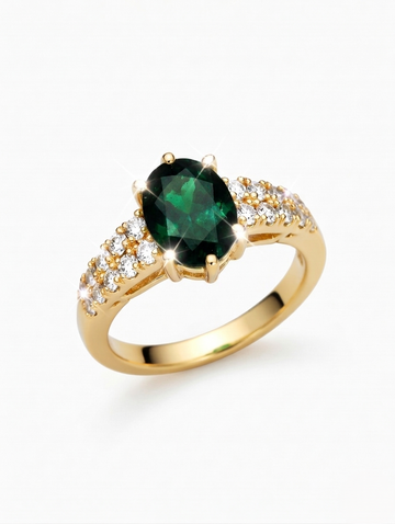 Ashir Studio Luxe Emerald Solitaire Ring with 18K gold plating, showcasing a vibrant emerald gemstone on a tarnish-free band.