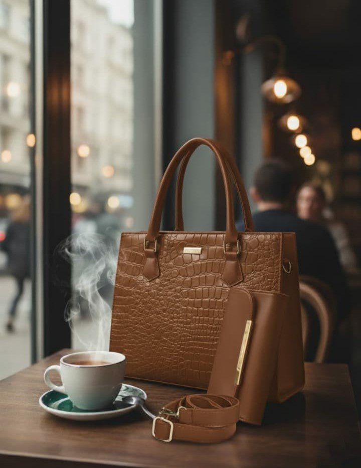 Ashir Studio croco-textured handbag and wallet collection featuring luxurious jewelry and accessories in a stylish design.