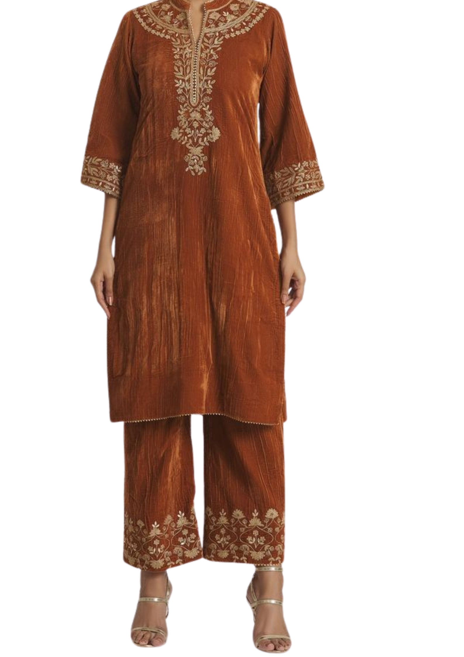 Rust-colored velvet cloth set by Ashir Studio featuring soft, handmade cords with rich texture and elegant design.