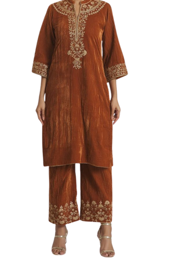 Rust-colored velvet cloth set by Ashir Studio featuring soft, handmade cords with rich texture and elegant design.