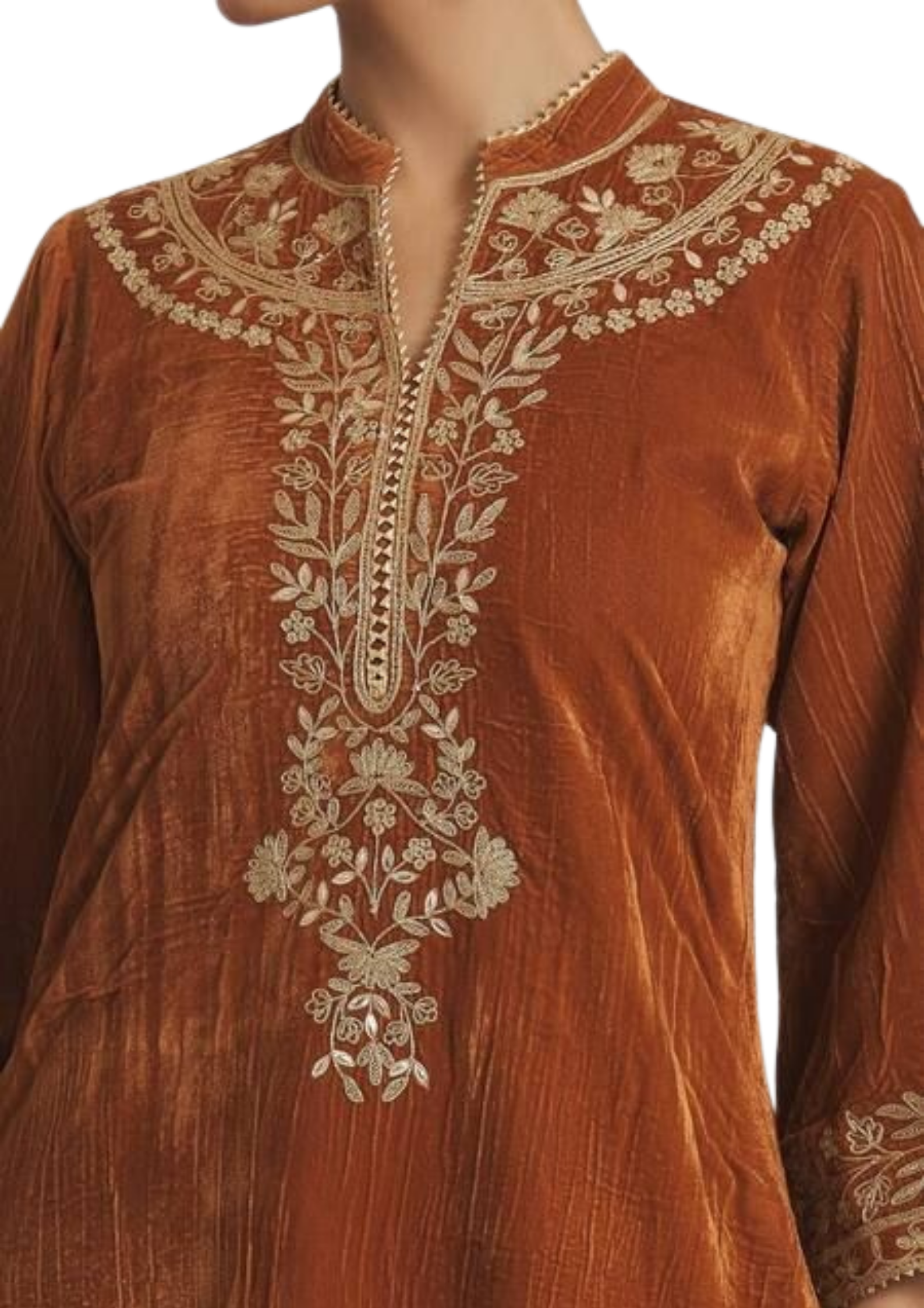 Rust-colored velvet cloth set by Ashir Studio featuring handmade, soft velvet cords arranged artistically.