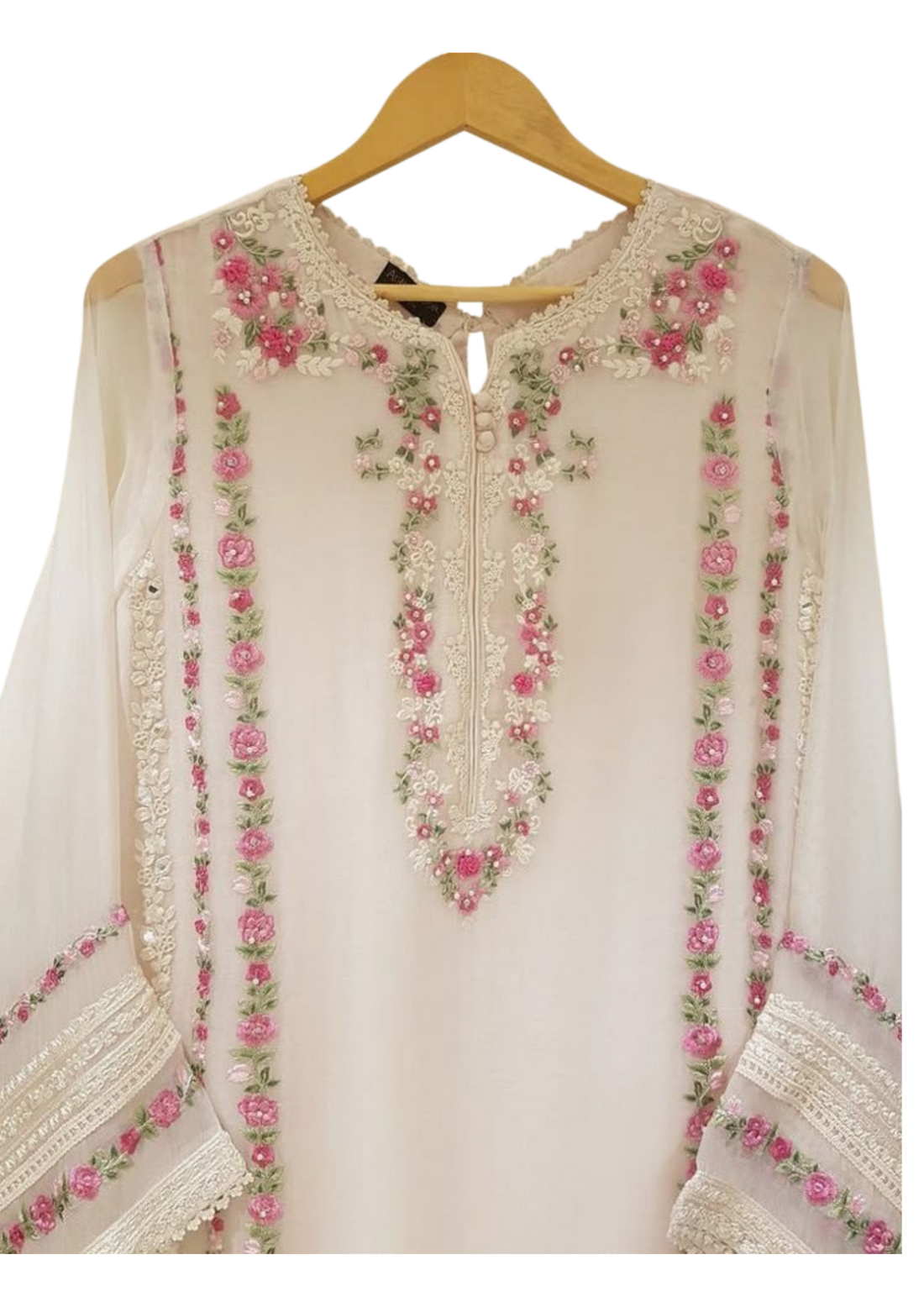 Handmade beige chiffon kurta from Ashir Studio showcasing elegant fabric and traditional design on a plain background.