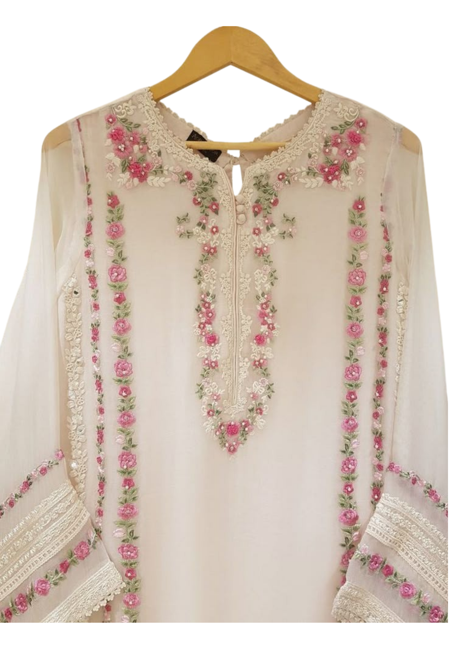 Handmade beige chiffon kurta from Ashir Studio showcasing elegant fabric and traditional design on a plain background.