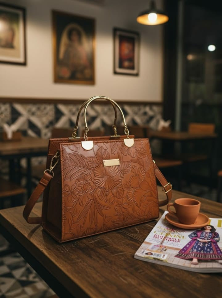 Ashir Studio floral embossed luxury tote jewelry collection featuring intricate floral patterns and elegant design.