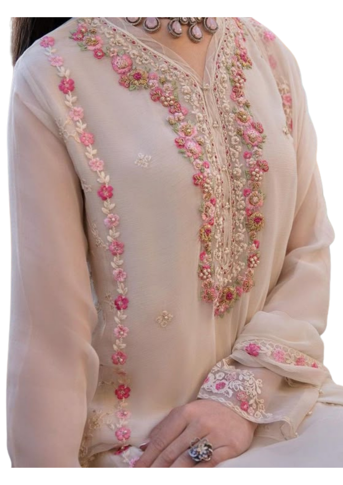 Handmade beige chiffon kurta by Ashir Studio featuring intricate detailing and a flowing, elegant design.
