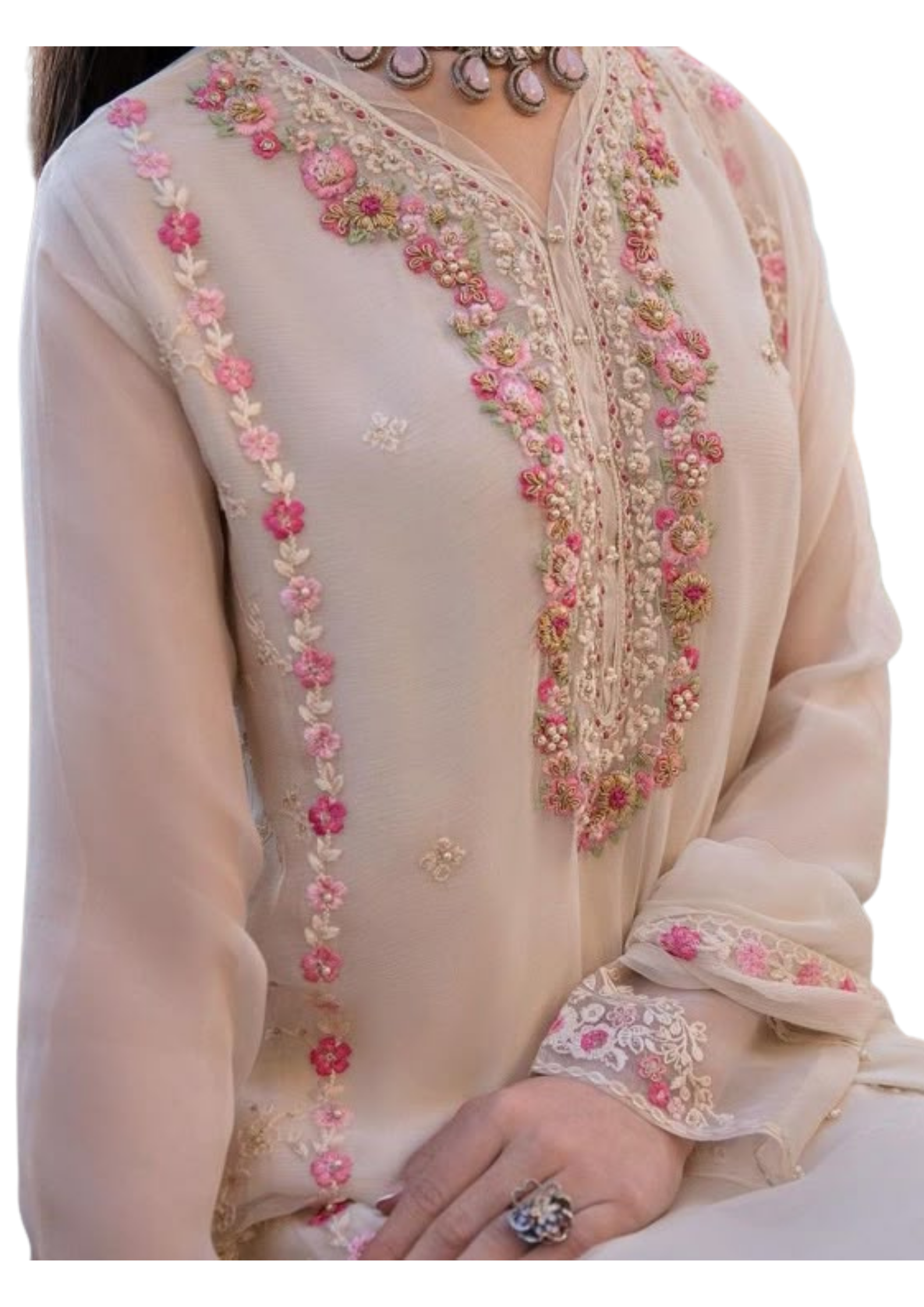 Handmade beige chiffon kurta by Ashir Studio featuring intricate detailing and a flowing, elegant design.