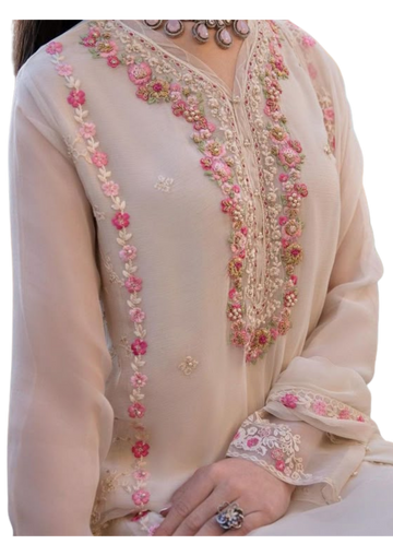 Handmade beige chiffon kurta by Ashir Studio featuring intricate detailing and a flowing, elegant design.