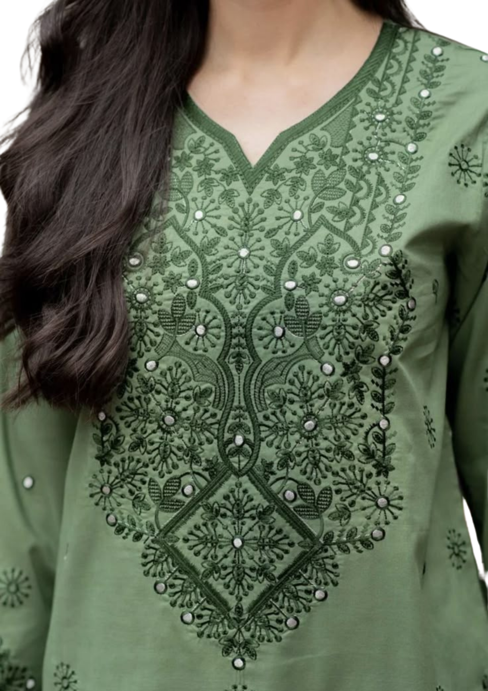 Handmade olive green tunic by Ashir Studio featuring a relaxed fit, soft fabric, and traditional design details.