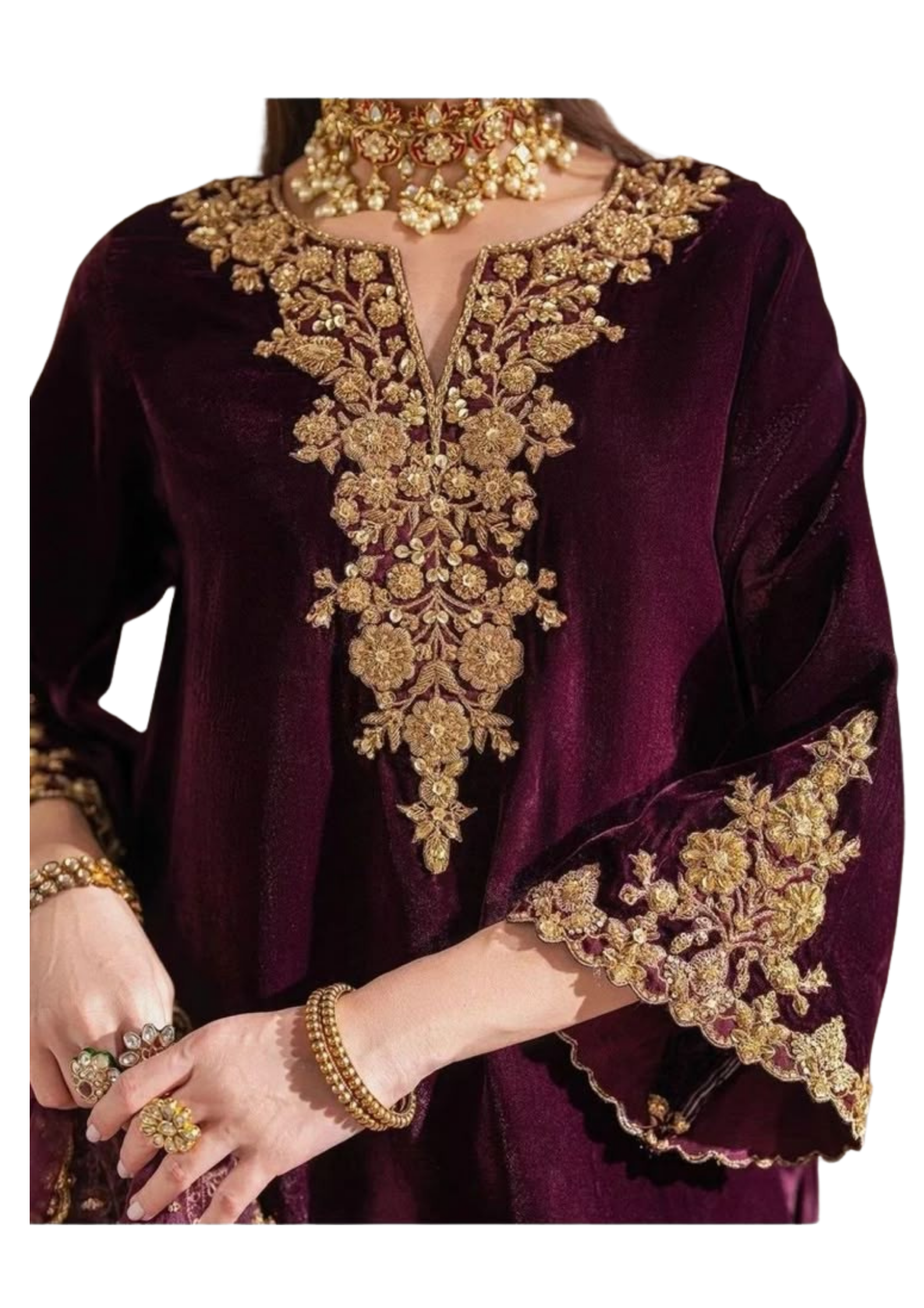 Handmade plum velvet kurta by Ashir Studio, showcasing intricate embroidery and soft fabric, perfect for elegant traditional wear.
