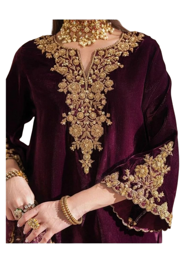 Handmade plum velvet kurta by Ashir Studio, showcasing intricate embroidery and soft fabric, perfect for elegant traditional wear.
