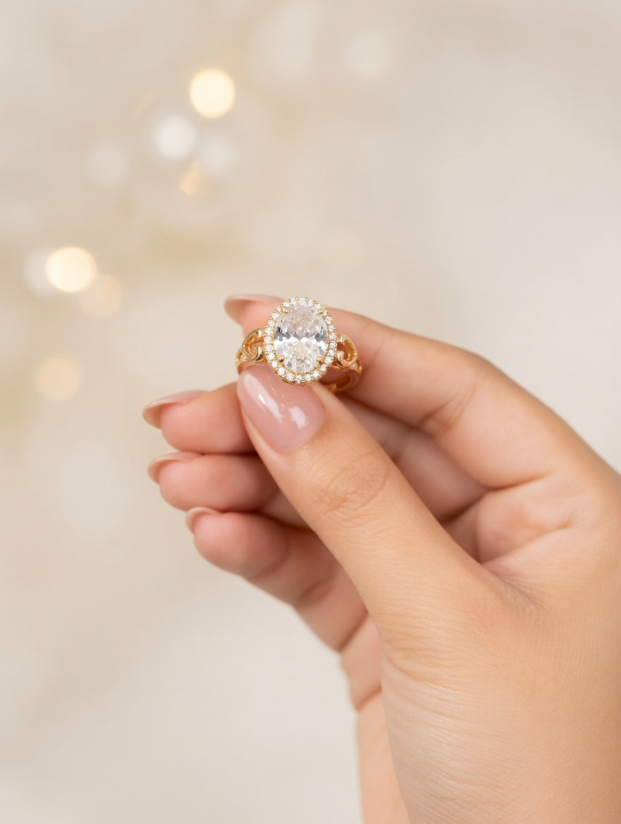 Ashir Studio Eternal Glow Oval Halo Statement Ring featuring a large oval gemstone and intricate silver detailing.
