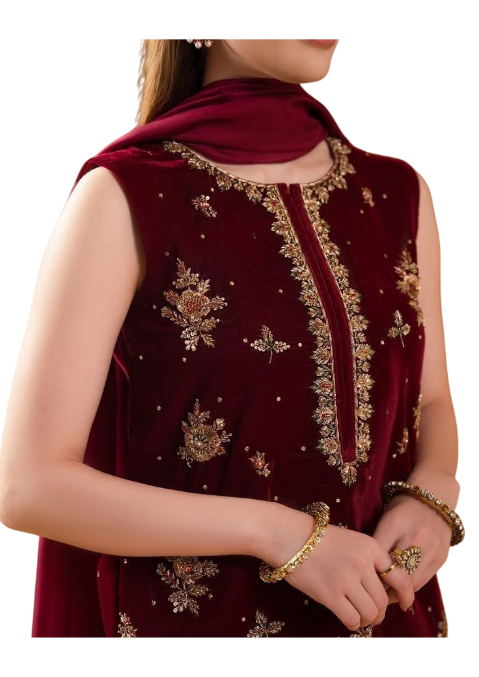 Handmade maroon velvet kurta by Ashir Studio featuring intricate embroidery and a traditional design.