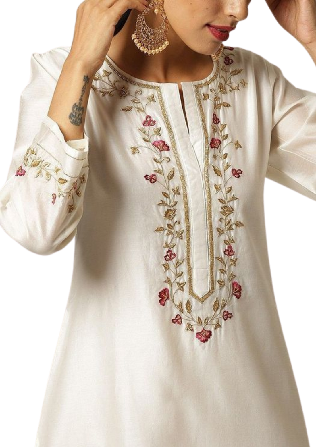 Elegant white silk kurta by Ashir Studio featuring intricate embroidery, displayed on a hanger against a neutral background.