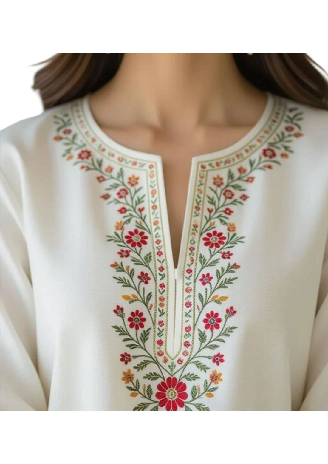 Handmade white tunic from Ashir Studio, made of soft cloth fabric, displayed on a hanger against a neutral background.