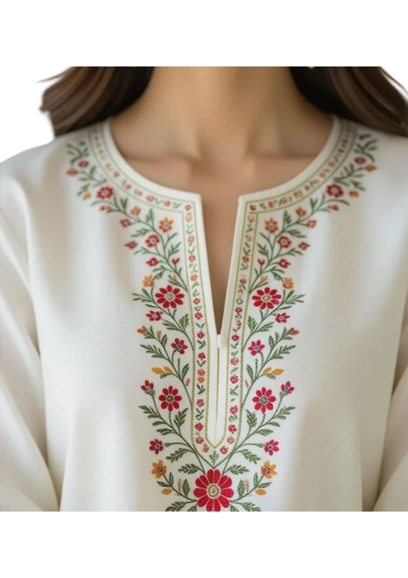 Handmade white tunic from Ashir Studio, made of soft cloth fabric, displayed on a hanger against a neutral background.