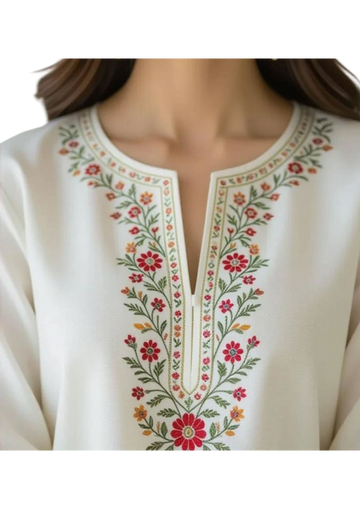 Handmade white tunic from Ashir Studio, made of soft cloth fabric, displayed on a hanger against a neutral background.