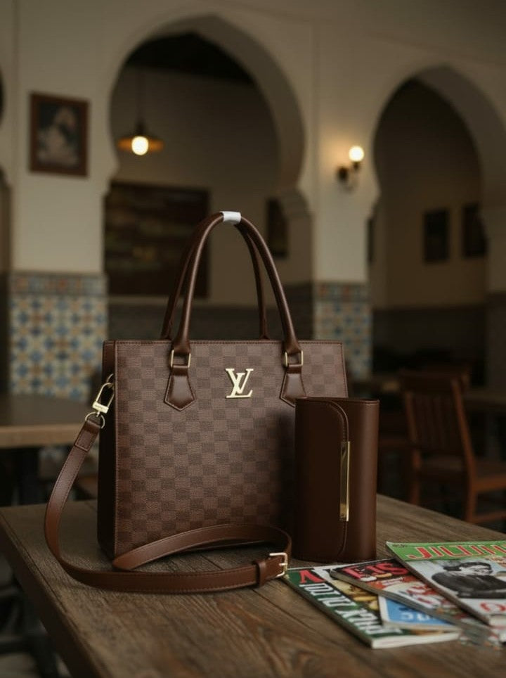 Ashir Studio Regal Damier Check handbag and wallet set featuring elegant jewelry accessories in a stylish pattern.