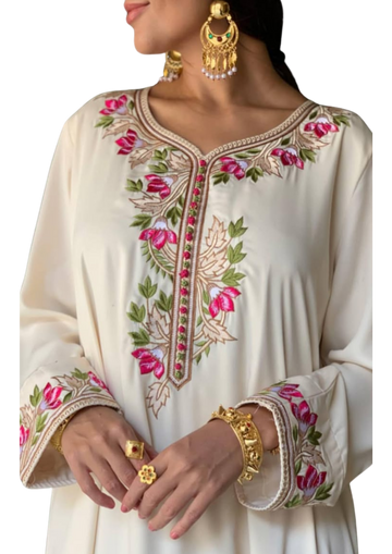 Handmade off-white Kaftan by Ashir Studio, flowing cloth with intricate details, ideal for casual or elegant occasions.