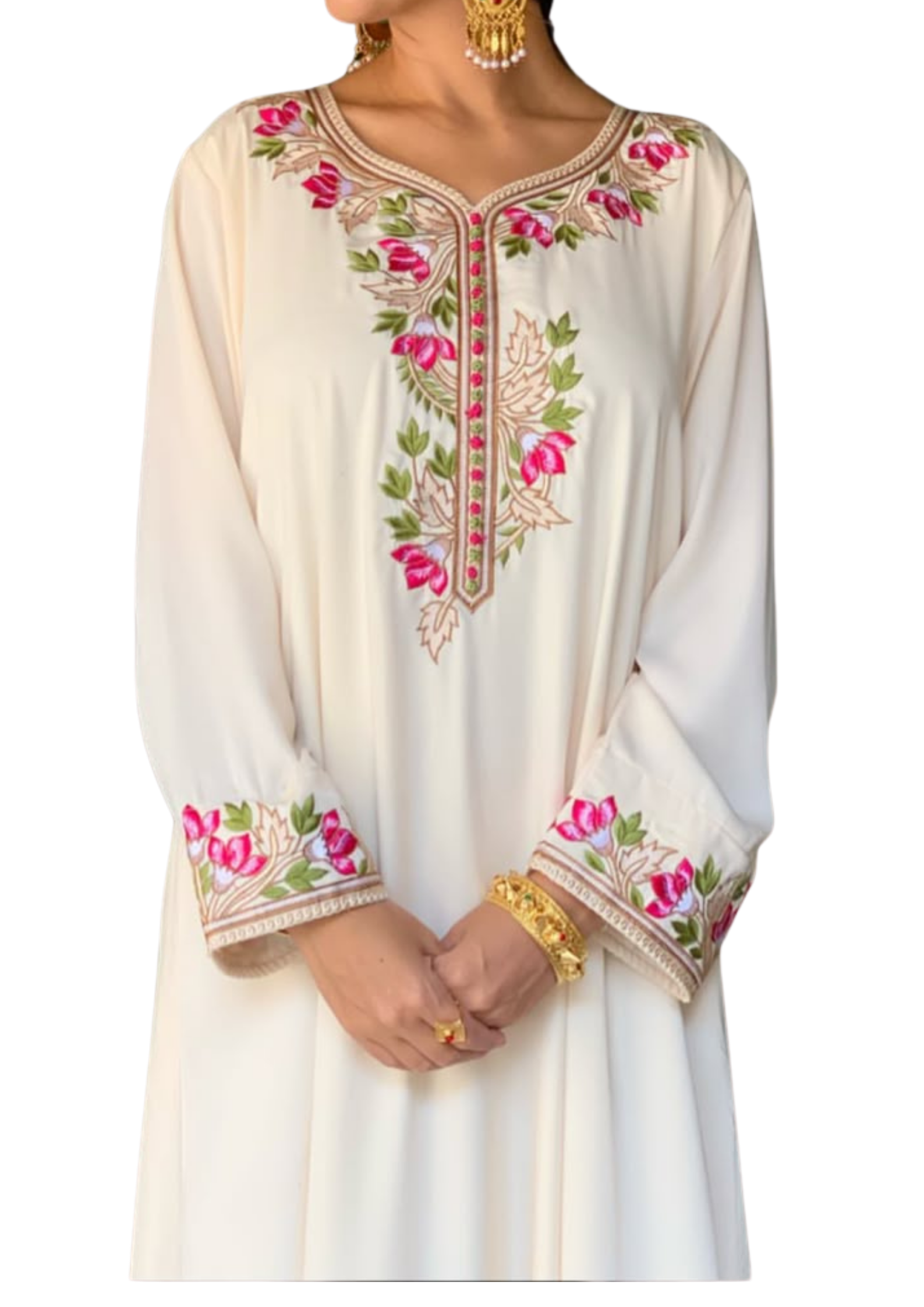 Handmade off-white kaftan from Ashir Studio, featuring flowing fabric and intricate details, perfect for elegant casual wear.