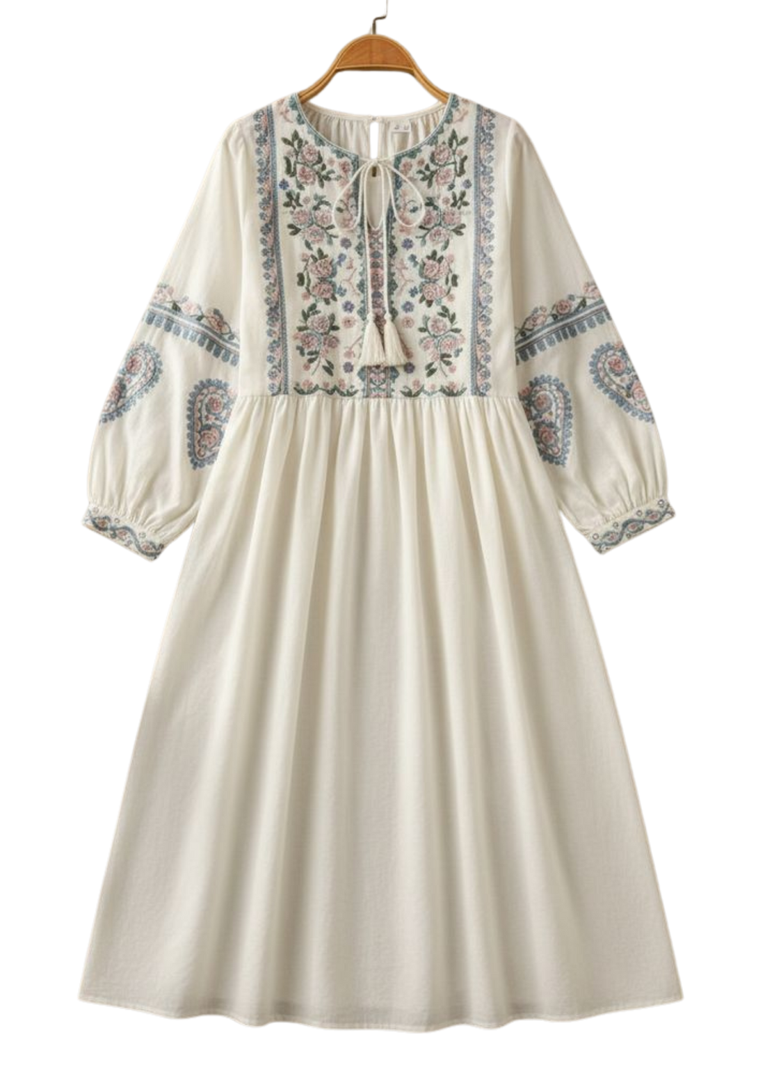 Handmade white boho dress from Ashir Studio, featuring flowing fabric and bohemian style, displayed on a hanger.