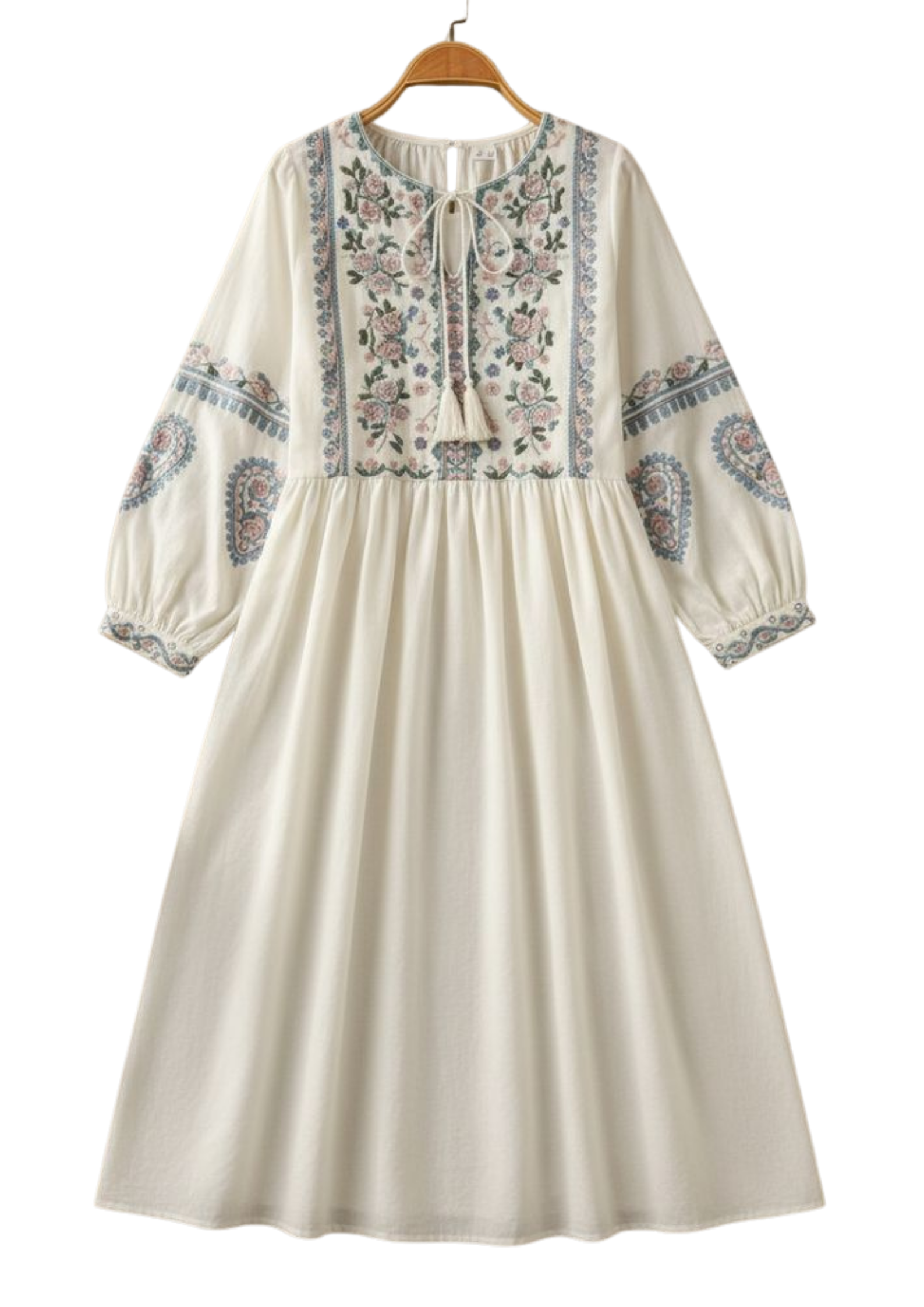 Handmade white boho dress from Ashir Studio, featuring flowing fabric and bohemian style, displayed on a hanger.