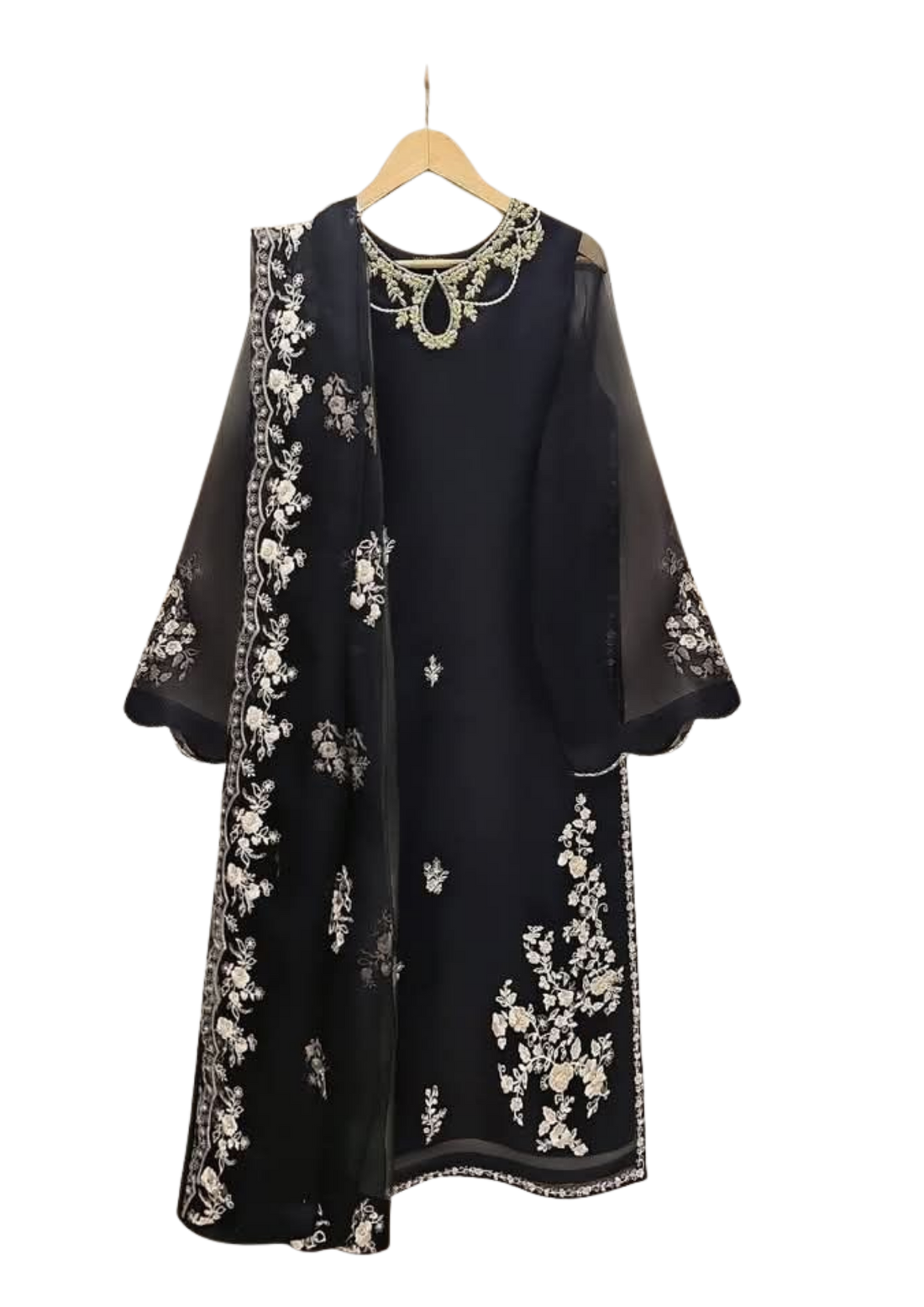 Black embroidered chiffon suit from Ashir Studio, featuring intricate embroidery and flowing fabric for elegant traditional wear.