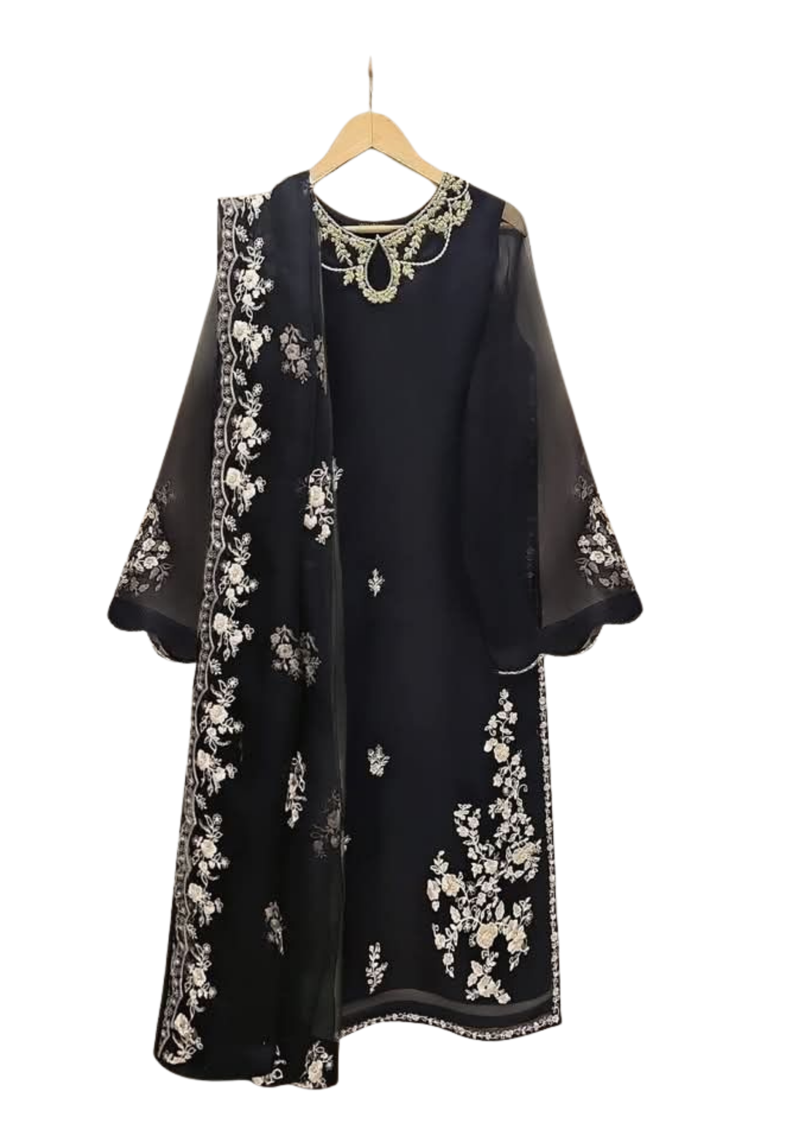 Black embroidered chiffon suit from Ashir Studio, featuring intricate embroidery and flowing fabric for elegant traditional wear.