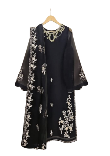 Black embroidered chiffon suit from Ashir Studio, featuring intricate embroidery and flowing fabric for elegant traditional wear.