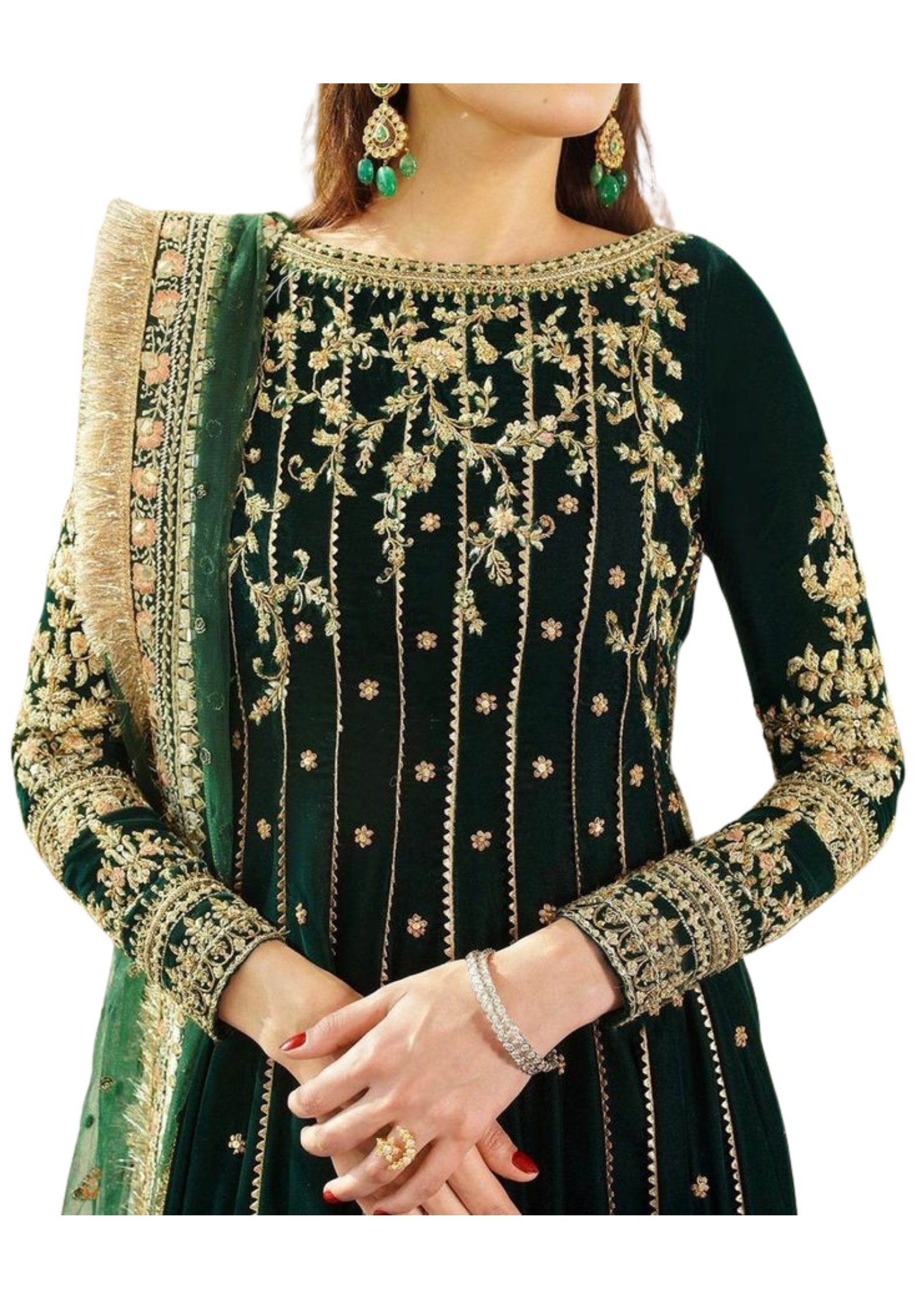 Handmade emerald green velvet kurta from Ashir Studio, showcasing intricate fabric texture and elegant traditional style.
