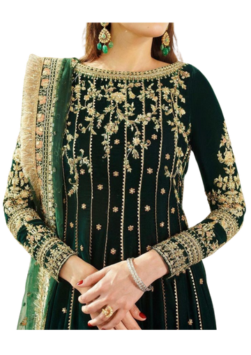 Handmade emerald green velvet kurta from Ashir Studio, showcasing intricate fabric texture and elegant traditional style.
