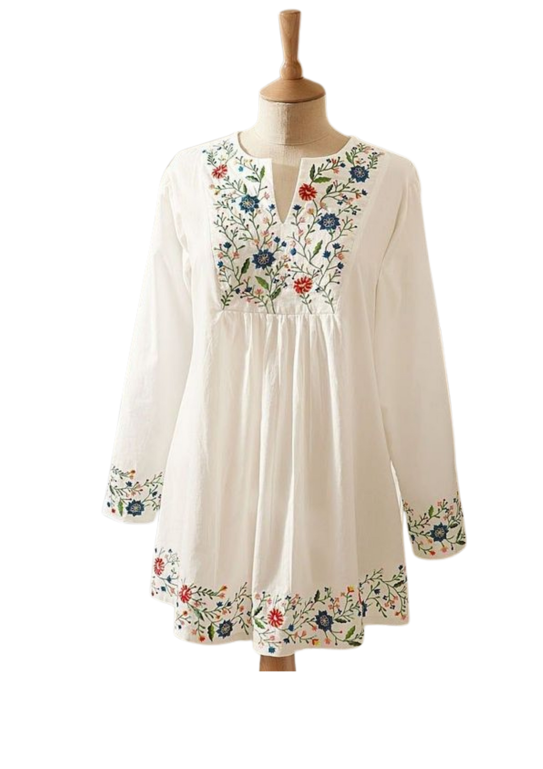 Handmade white floral tunic from Ashir Studio, showcasing intricate stitching and soft cotton fabric designed for elegant wear.