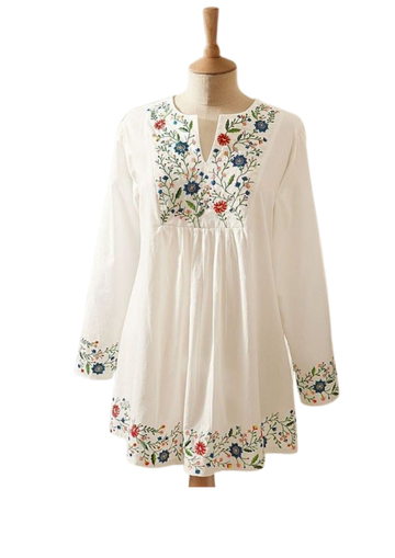 Handmade white floral tunic from Ashir Studio, showcasing intricate stitching and soft cotton fabric designed for elegant wear.
