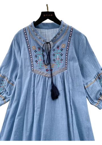 Embroidered boho tunic by Ashir Studio featuring intricate embroidery, lightweight fabric, and a relaxed fit for casual wear.