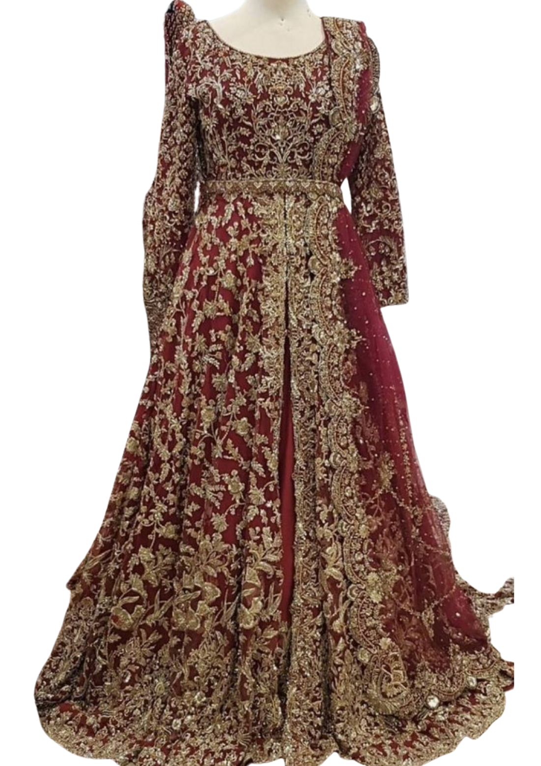 Maroon bridal Peshwas gown with front-open jacket style by Ashir Studio, featuring intricate embroidery and elegant fabric design.