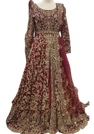 Maroon bridal Peshwas gown with front-open jacket style by Ashir Studio, featuring intricate embroidery and elegant fabric design.