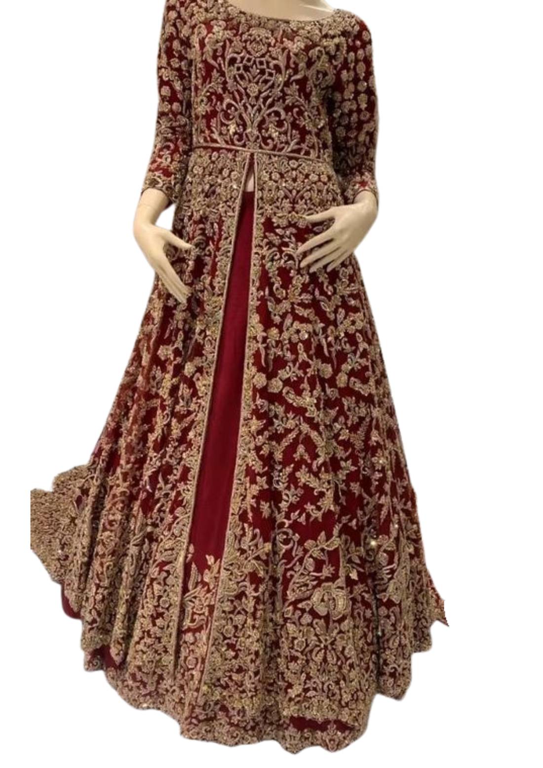 Maroon velvet bridal lehenga with front-open jacket from Ashir Studio, showcasing intricate embroidery and elegant fabric details.