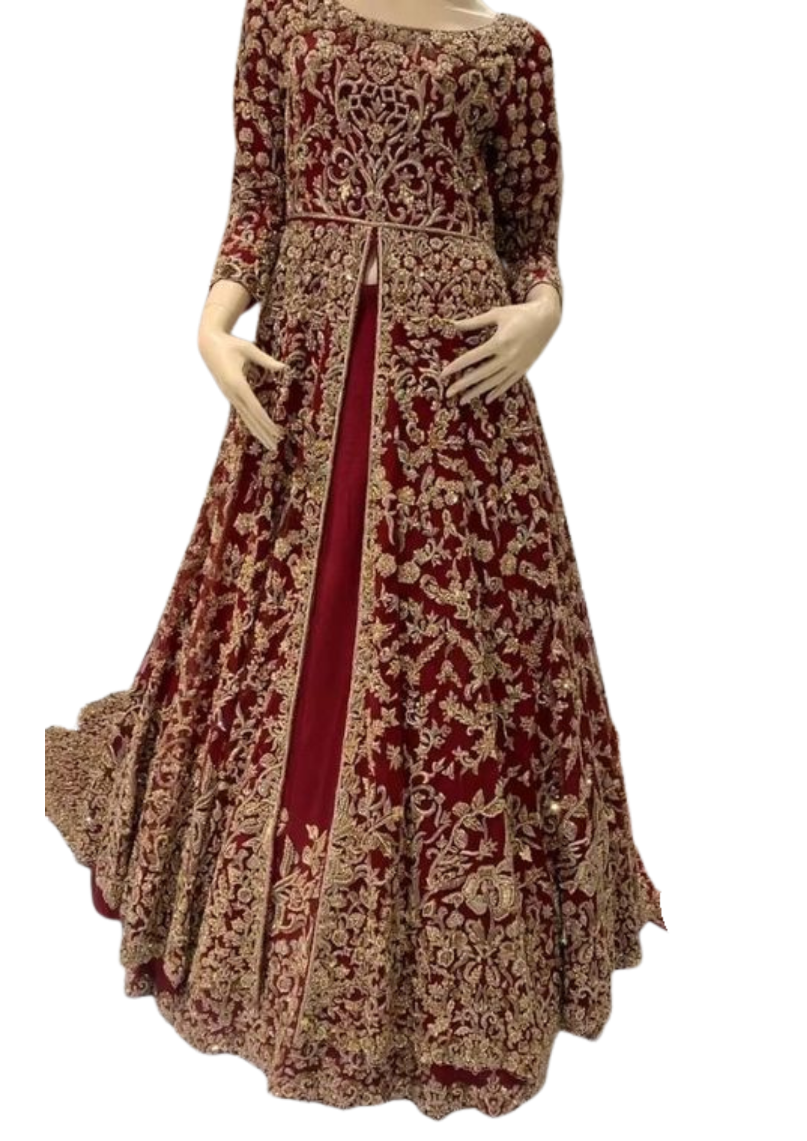 Maroon velvet bridal lehenga with front-open jacket from Ashir Studio, showcasing intricate embroidery and elegant fabric details.