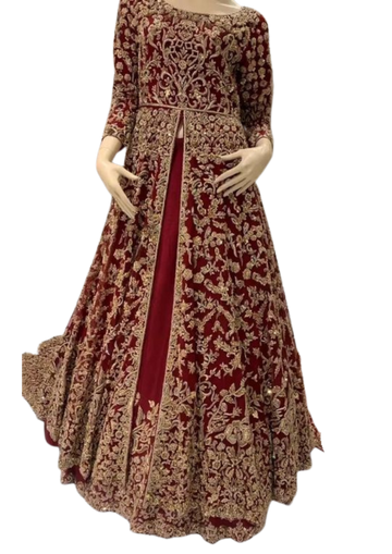 Maroon velvet bridal lehenga with front-open jacket from Ashir Studio, showcasing intricate embroidery and elegant fabric details.