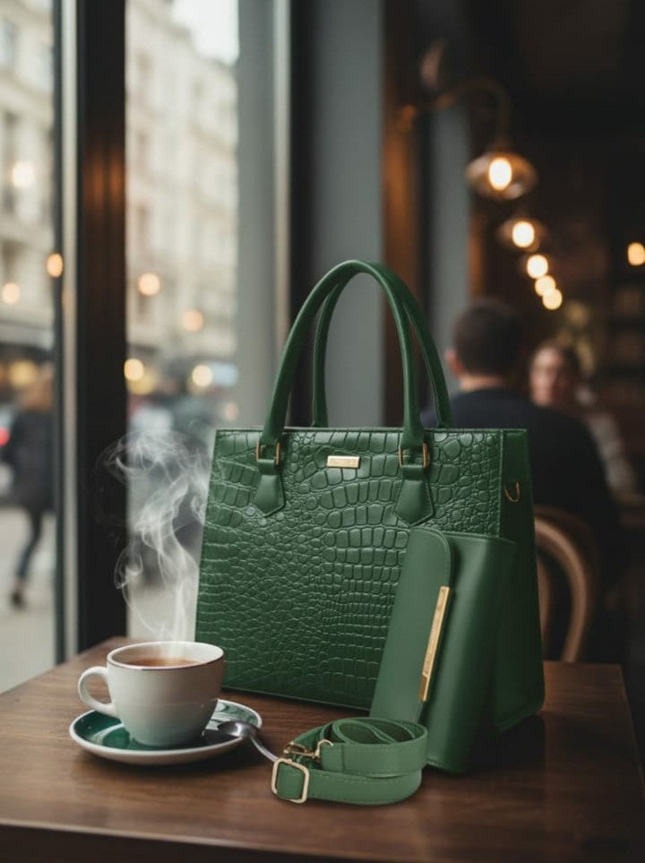 Ashir Studio croco-textured handbag and wallet collection featuring elegant jewelry-inspired accessories with a stylish, textured finish.