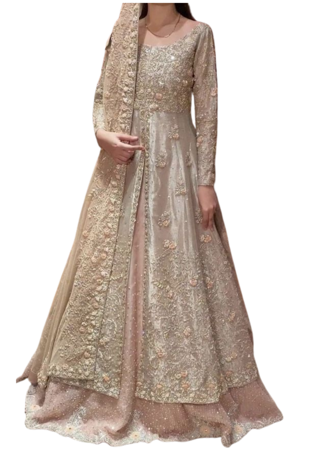 Champagne gold bridal gown from Ashir Studio featuring a front-open jacket and matching lehenga with intricate embroidery.
