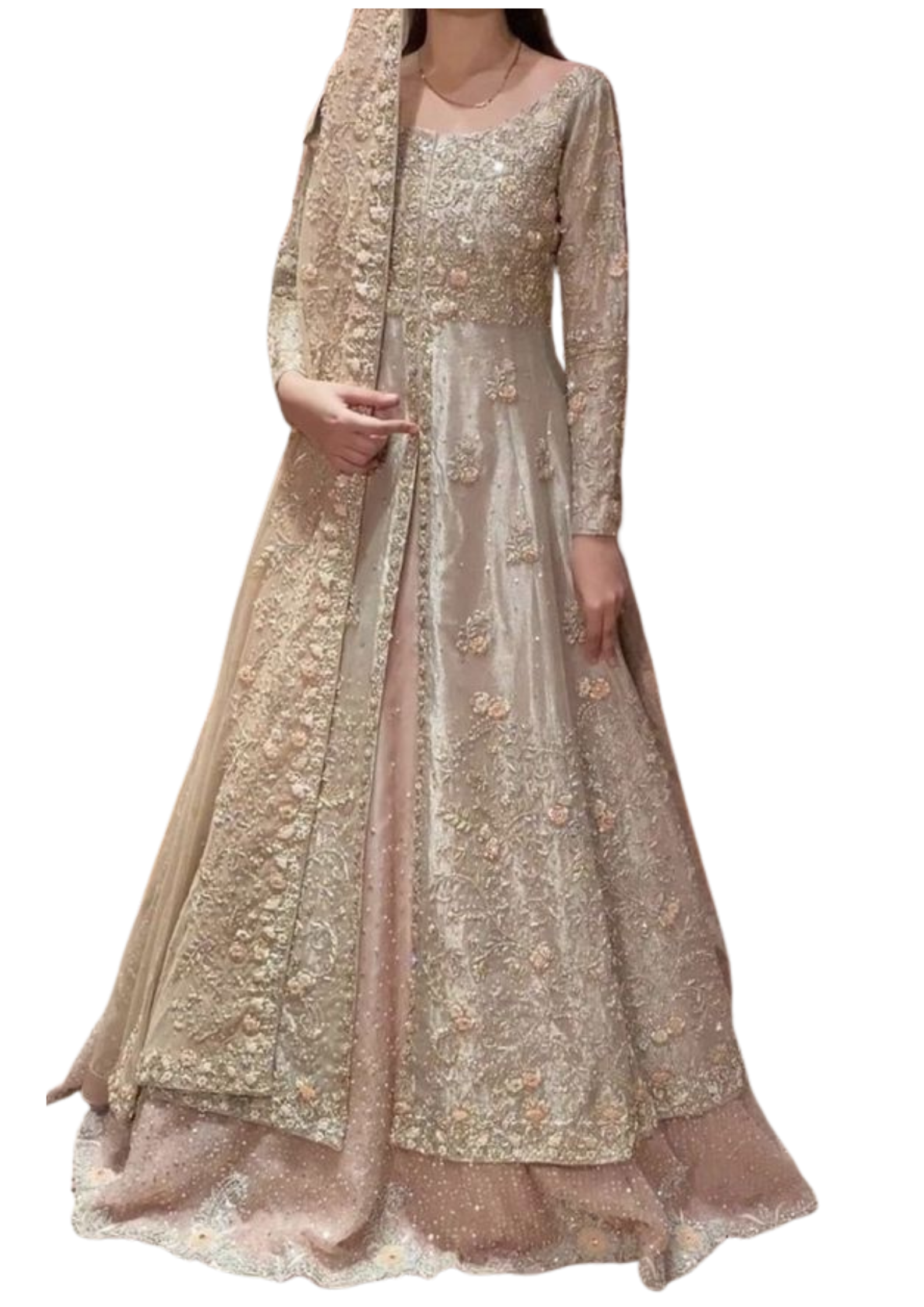Champagne gold bridal gown from Ashir Studio featuring a front-open jacket and matching lehenga with intricate embroidery.