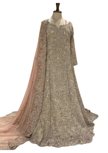 Silver embroidered bridal maxi gown with peach-toned dupatta by Ashir Studio, showcasing intricate embroidery and elegant fabric details.