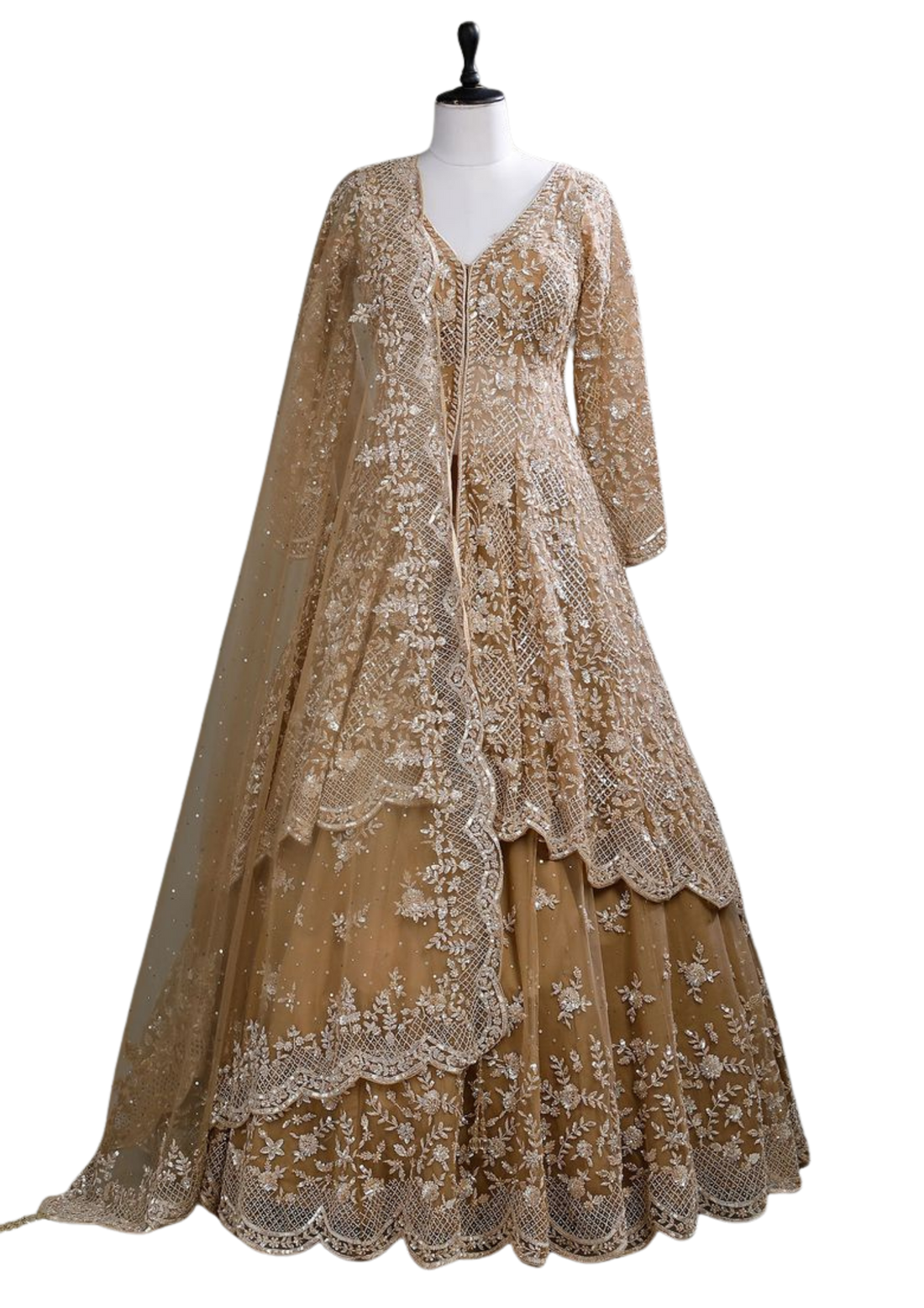 Elegant gold embroidered bridal lehenga choli by Ashir Studio featuring intricate embroidery and rich fabric for special occasions.