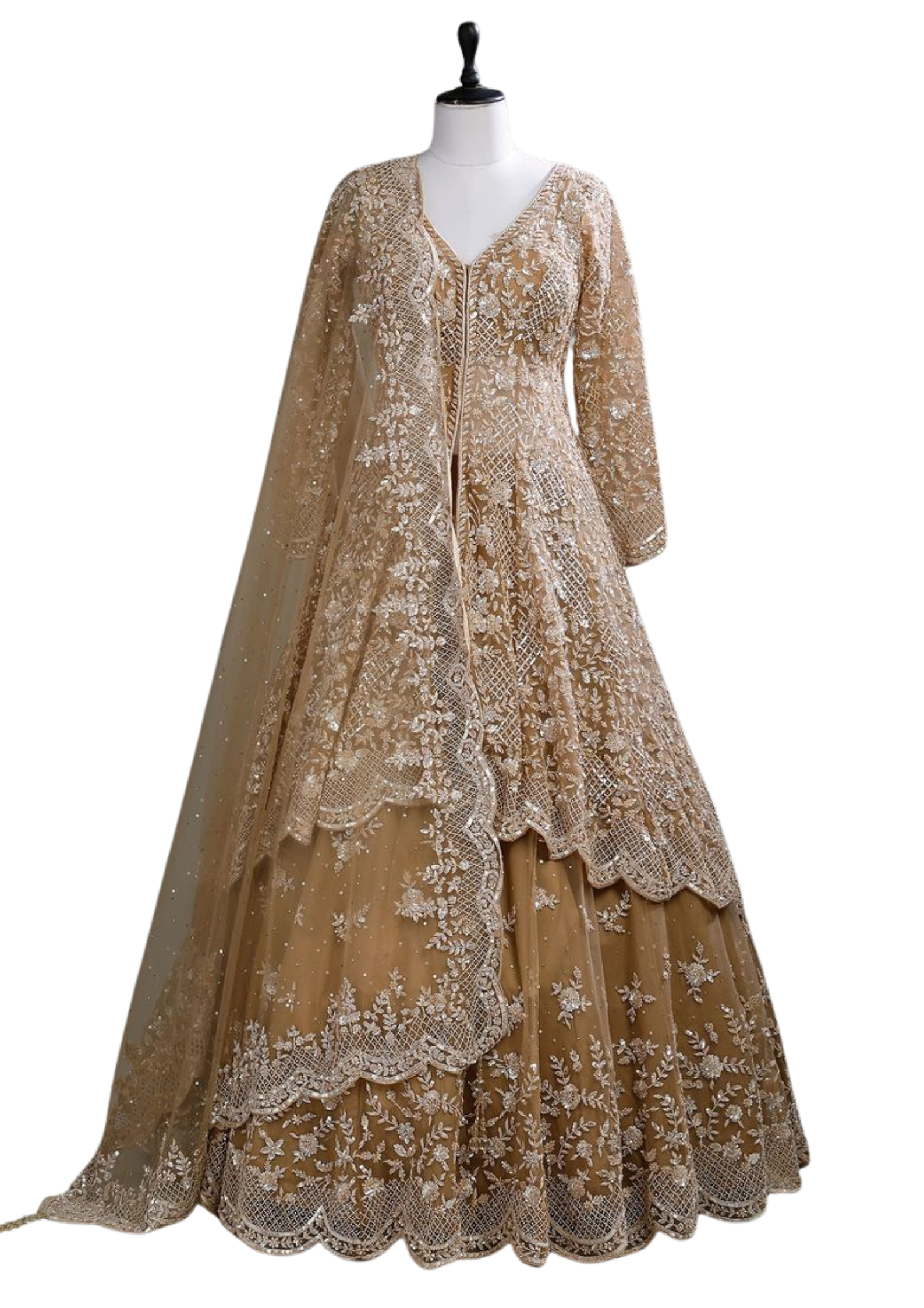 Elegant gold embroidered bridal lehenga choli by Ashir Studio featuring intricate embroidery and rich fabric for special occasions.
