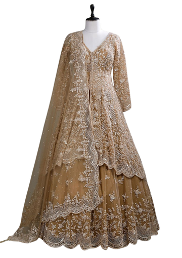 Elegant gold embroidered bridal lehenga choli by Ashir Studio featuring intricate embroidery and rich fabric for special occasions.