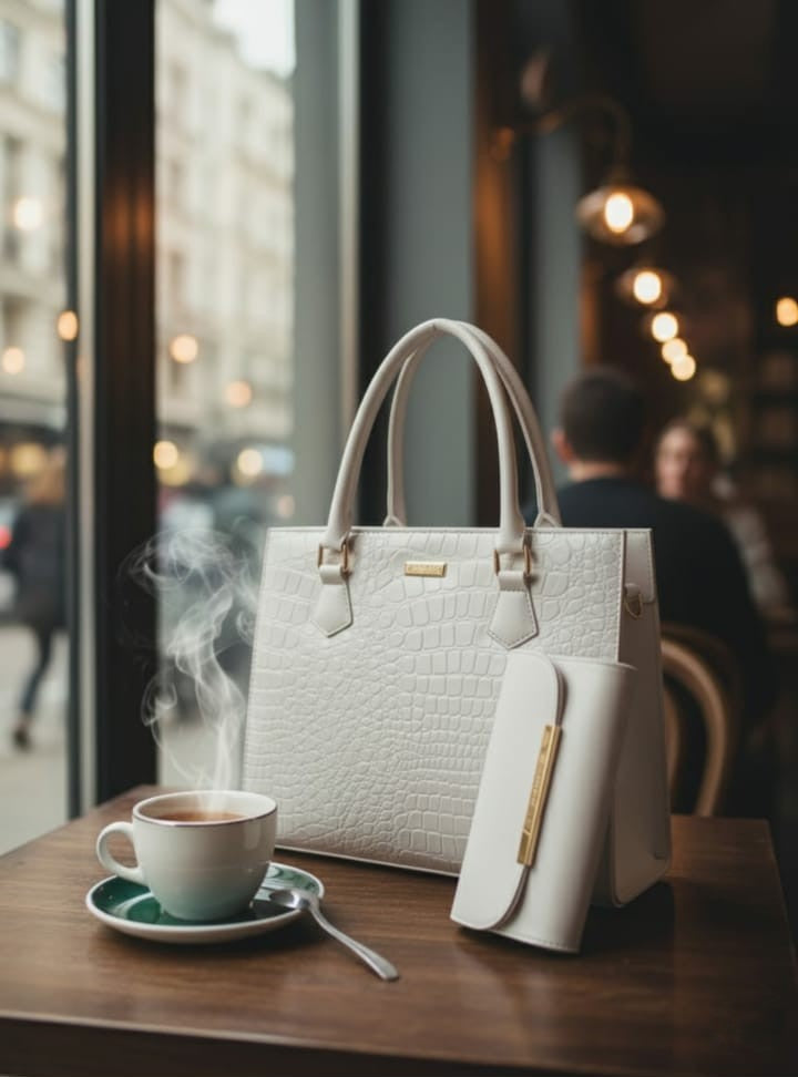 Ashir Studio premium croco-textured handbag and wallet collection featuring elegant jewelry-inspired accessories.