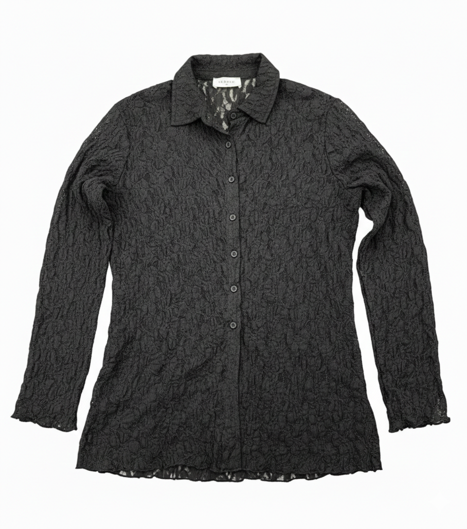Black lace long-sleeve button-down shirt from Ashir Studio, featuring intricate lace fabric and classic collar detail.