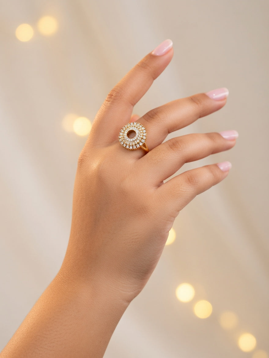 Gold plated Celestial Halo Medallion Ring by Ashir Studio featuring a tarnish-free, celestial-inspired jewelry design.