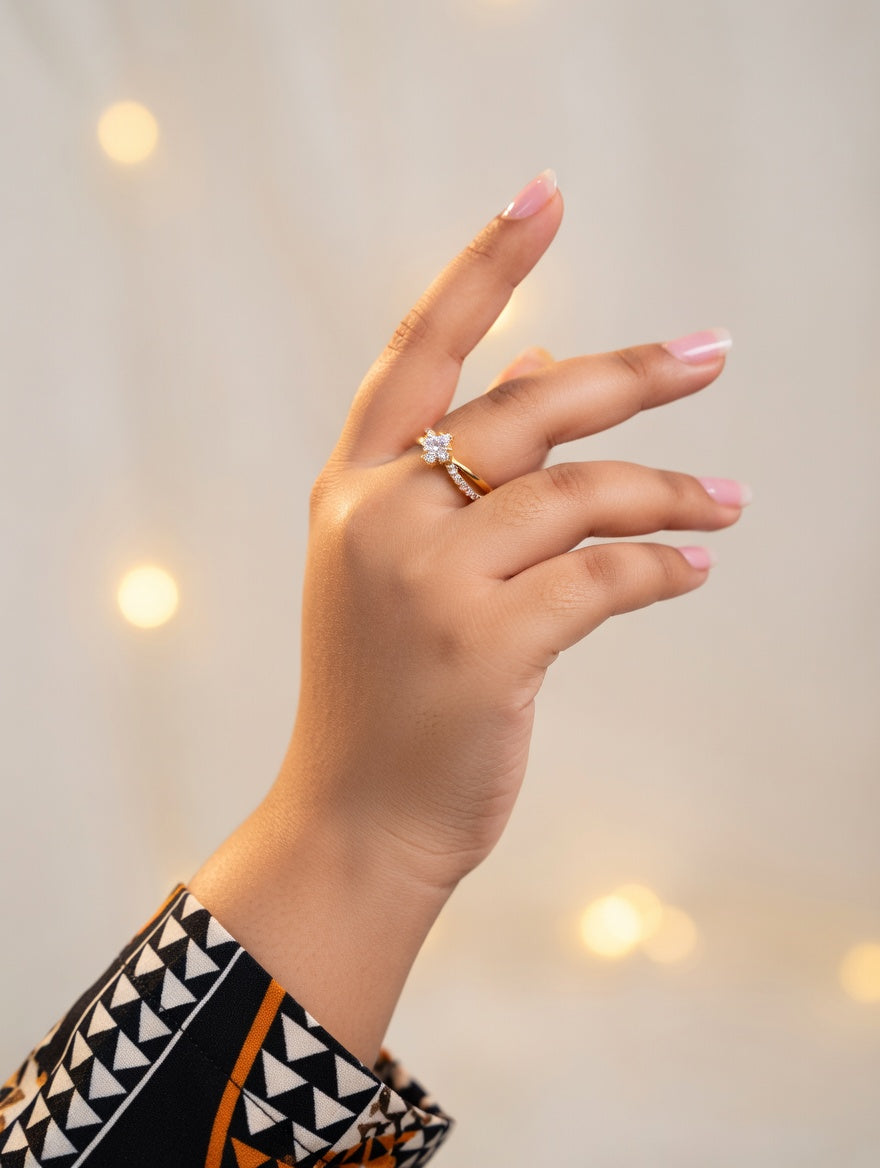 Round moissanite crossover ring in 18K yellow gold plating, showcasing elegant jewelry design by Ashir Studio.