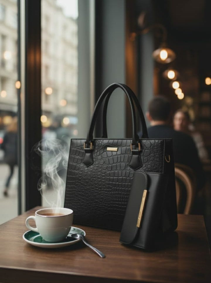 Ashir Studio croco-textured handbag and wallet collection featuring elegant jewelry-inspired accessories with a stylish, textured finish.